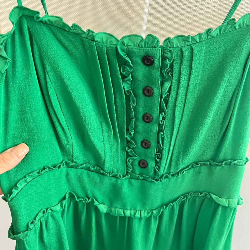 🪲 ANTHROPOLOGIE EMERALD GREEN W/STRAPS SILK DRESS SIZE 2🪲